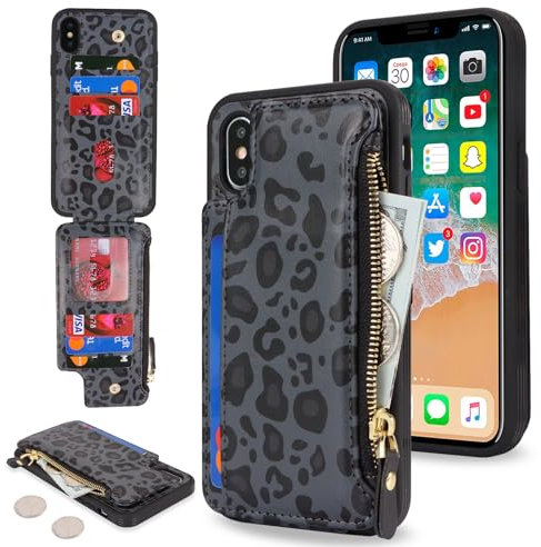 SailorTech for iPhone XS Max Phone Case with Credit Card Holder for Men, iPhone XS Max Case with Credit Card Slots Wallet Zipper Case for Women - Black Leopard