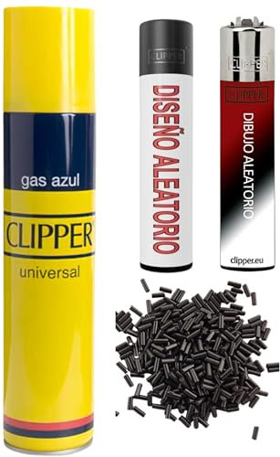 Clipper 2 Mecheros + Botella Gas Azul 300 ml para Recargar Soplete de Cocina + 9 Piedras de Mechero de Regalo Kit DISPAU Esencial