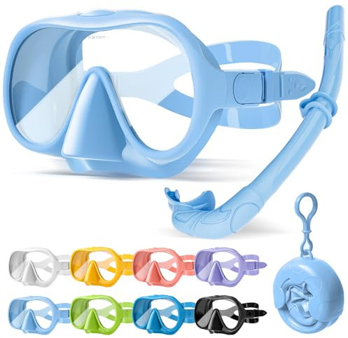 HINATAA Schnorchelset Erwachsene, Macaron Rahmenlose Taucherbrille, 180° Ultra Weitsicht Anti Nebel Schnorchelmaske, Anti-Leck Professionelles Tauchmaske, Schwimmbrille Frauen Männer (Blau Set)