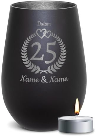 PR Print Royal Schwarzes Windlicht mit Gravur zur Silberhochzeit - 25 Jahre - mit Namen & Datum - Hochzeitsgeschenk, Geschenk Silberhochzeit | inkl. Teelicht, 450 ml, Innen Silber