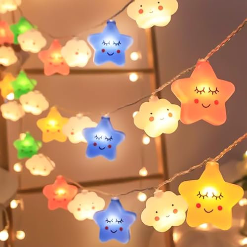 Wolken Lichterketten Feenhafte Nachtlichter, 3M 20 LEDs Warmweiß LED Lichterkette, Lichterketten Stern, Stern Weiß Wolken, Lichterkette Kinderzimmer für Zimmer Deko Geburtstag Weihnachts Hochzeit