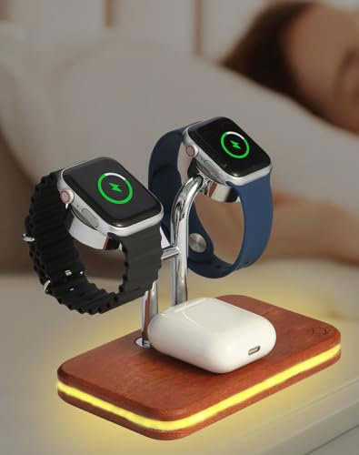 Dual Charger Stand for Apple Watch Series 10 9 8 7 6 5 4 3 2 1 Se Ultra,iWatch Charger Fast Charging Stand Holder for AirPods 4 3 2 Pro,3 Color LED Night Light,Wood Smart Watch Charging Station