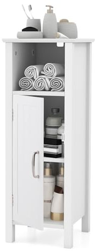 Multigot Bathroom Floor Cabinet, Freestanding Wooden Storage Cupboard with Single Door and Adjustable Shelf, Modern Side Cabinet Slim Storage Organizer Unit for Bathroom Living Room Entryway (White)