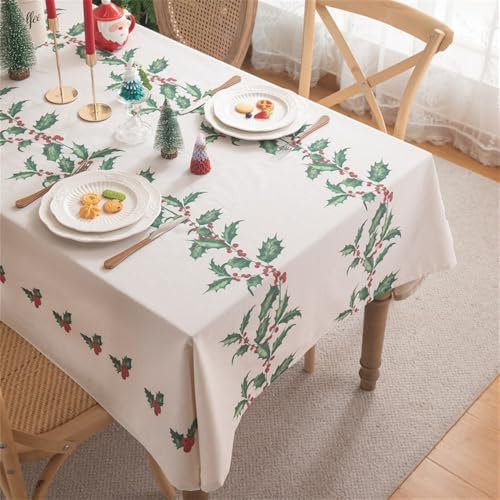 Clothfuna Tovaglia natalizia quadrata, tovaglia natalizia con rami di agrifoglio, in lino e cotone bianco, per feste, vacanze, tavolo da pranzo, 120 x 120 cm