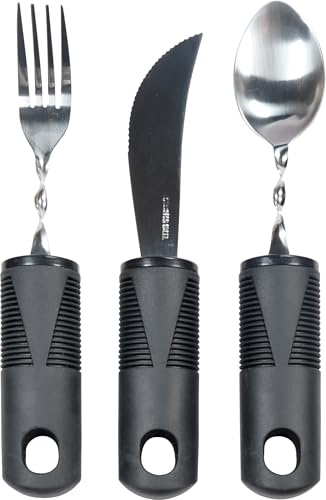 Aidapt Easy to Grip Cutlery Set. 3 Pieces-Bendable Fork&Spoon, Rocker Knife,Slot to Attach Wrist Strap,Dishwasher Safe,Parkinsons,Disabled,Stroke,Weak Grip,Limited Mobility,Large Soft-Touch Handles