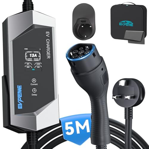 EVPEIWE Type 2 EV Charger to UK 3 Pin Plug 16.5ft/5M, 6/8/10/13A Portable Electric Car Charger, 3.3KW Type 2 Charging Cable for EV & PHEV, with EV Cable Holder and Carry Bag (Silver)