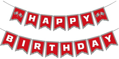 JEKUGOT Autos Geburtstag Dekorationen Banner, Rennwagen Happy Birthday Banner, Schwarz und Weiß Plaid Auto Geburtstag Dekorationen Banner, Auto Dekorationen Banner für Geburtstagsfeier