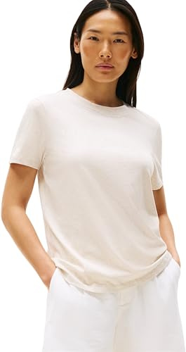 Tommy Hilfiger Damen T-Shirt Kurzarm Logo Rundhalsausschnitt, Elfenbein (Heather Oatmilk), L