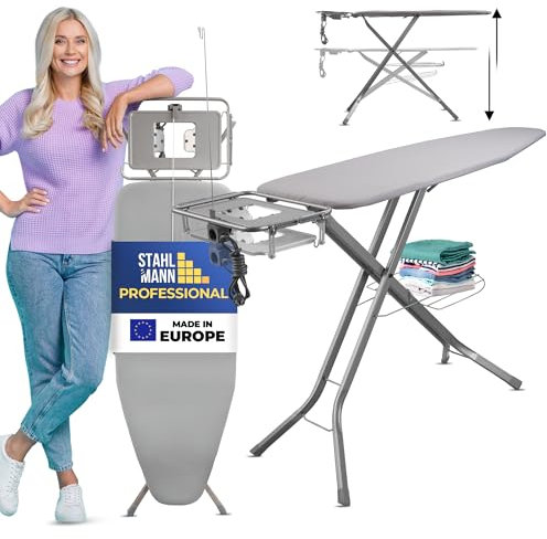 STAHLMANN ® XXL-Bügelbrett für Dampfbügelstation [130x48 Bügelfläche]– Bügeltisch [Made IN EU] – extra stabiles Bügelbrett – Bügelbrettbezug [100% Baumwolle]