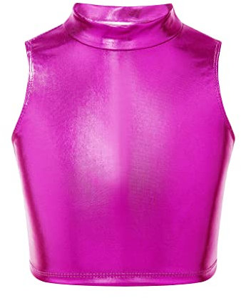 Nyeemya Bambina Canottiera Tinta Unita Riflettente Metallizzato Lucido Crop Top Senza Manica Bralette Reggiseno da Danza Moderna Jazz Hip Hop Spettacolo Rosa Shocking 13-14 Anni