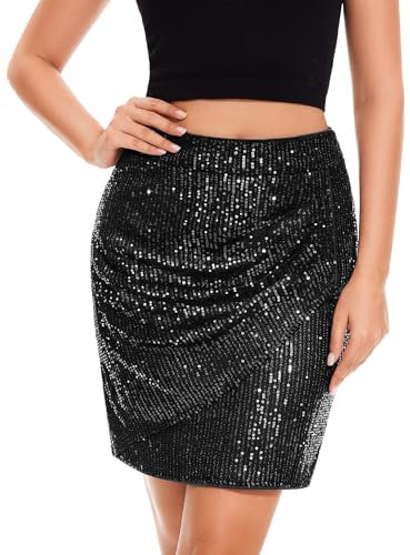 Aupuls Rock Glitzer Damen Weihnachten Rock Schwarz Minirock Silvester Outfit Party Pailletten Rock Schwarz Rock Fasching Damen Rock Kurz AUPR001BlackXL