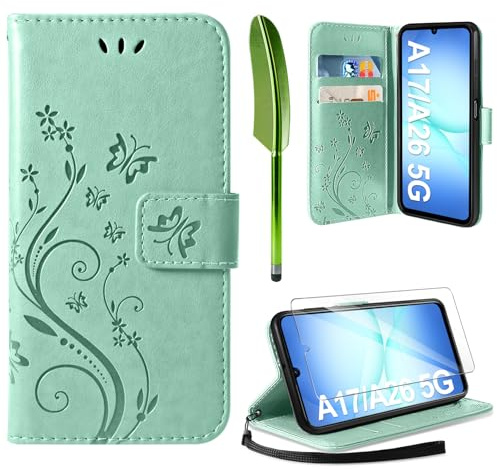 AROYI Lederhülle für Samsung Galaxy A17 /A26 5G Hülle und Schutzfolie | Minzgrün Flip Wallet Handyhülle PU Leder Magnet Ständer Tascher Kartenfach Case Schutzhülle