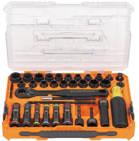 Klein Tools 65500KNECT KNECT Impact Socket Set, SAE and Metric Pass Through Socket Set, 90-Tooth Ratchet, MODbox Case, SAE, Metric, Screwdriver Handle, Bits, 39-Piece