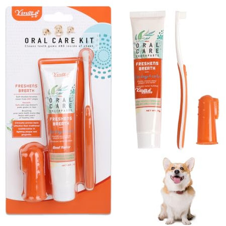 Zahnpflege Hund Set, Hundezahnbürste, Hundezahnpasta Gegen Zahnstein Set Zahnpflege Hund, Entfernt Plaque und Mundgeruch, Ideal zum Schutz der Zähne Ihres Hundes (Rindfleisch Geschmack)
