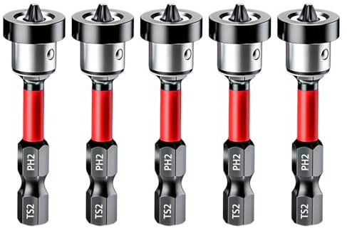 Saipor 5pcs Trockenbau-Bit Aufsatz mit Tiefenanschlag, PH2 Magnetische Trockenbau Schraubendreher Bits zum Versenken von Schnellbau-Schrauben in Gipsplatten, 1/4 Sechskantschaft Gipskarton Bit