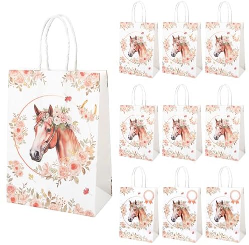 10 Stück Pferde Party Taschen, Pferd Geschenktüten Namensanhänger, Pferde Papiertüten mit Henkel, Pferde Papier Gastgeschenke Tüten Mitgebseltüten, Pferd Geburtstag Geschenktaschen