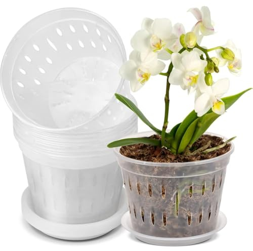 Orchideentöpfe, transparent, Kunststoff, mit Ablauflöchern und 18 Untertassen, hängende Blumentöpfe für Orchideen, Oncidium, Dendrobium, 6 Stück