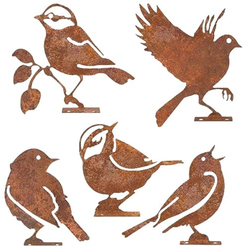 5 Pcs Metal Bird Garden Ornaments,Fence Toppers Rusty Birds Garden Decorations, Garden Fence Decorations, Metal Garden Ornaments, Fence Decorations Outdoor,Bird Silhouette with Screws