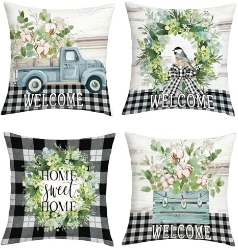 Joymaison Kissenbezüge 45x45 4er Set Sommer Grün Eukalyptus Vogel Kariert | Deko Kissenhülle Frühling Aquarell Blumen Vögel Schwarz Weiß Kariert Dekorative Kissenbezug Kissen für Couch Sofa
