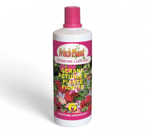 Frisch Plant concime inorganico liquido a basso tenore di cloro, adatto a dare nutrizione bilanciata per gerani, petunie e piante fiorite, formato da 1kg per piante da vaso, balcone e giardino