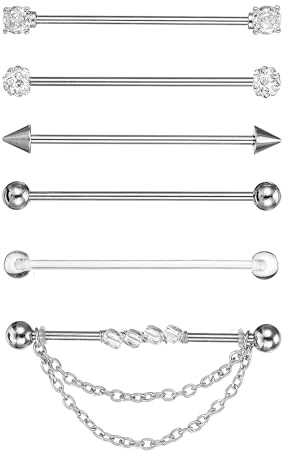 Tucnoeu 6pcs Industrial Piercing Jewelry, Surgical Steel Industrial Barbell Earrings, Cartilage Helix Piercing Earrings, Silver