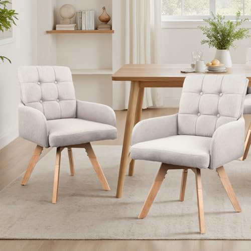 Zouron Esszimmerstühle Drehbar 2er Set Beige, 2er Set Schminkstuhl Polsterstuhl Armlehnstuhl Drehbar mit Armlehnen Rückenlehne Baumwollen Lein Buchenholzbeine 120Kg Belastbar