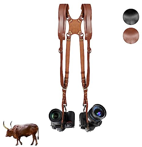 Rilime Leather Dual Camera Harness Strap for Two-Cameras, Dual Shoulder Full Grain Leather Harness,Multi Double Camera Gear for DSLR/SLR Strap,Double Camera Harness for Photographers(Brown)