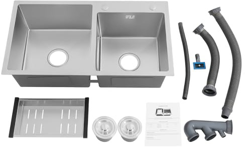 30inch Double Bowl Drop-in/Topmount Kitchen Sink, Stainless Steel Kitchen Sink with Drainage Pipes and Fruit Baskets for Garage Restaurant Backyard Bathroom Home, 78 x 43 x 21 CM