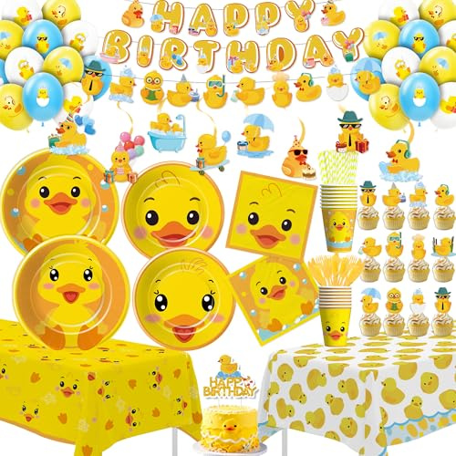 FVABO Duck Birthday Decorations, Yellow Rubber Duck Party Supplies Serve 24 | For Birthday Baby Shower, Paper Plate, Cup, Napkin, Tablecloth, Banner, Garland, Swirls, Balloon, Cake Topper, Cutlery, Straw