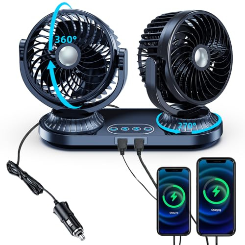 NIFBANG Auto Ventilator 12V 24V Zigarettenanzünder, Doppelkopf Leiser Auto Lüfter mit 2 USB Ports,3 Geschwindigkeiten,270° Oszillation & 360° Drehbar,KFZ Ventilator für Auto LKW SUV Wohnmobil Fan