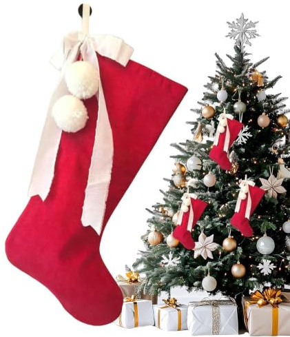 Traditionell julstrumpa Dekoration Av Röda Julsockor Med Vit Rosett | Julstrumpa dekoration För Upphängning I , Rummet, Studentrummet, Fönstret, Dörren, Väggen, Julgranen, Spiselkransen Och På