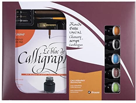 Jacques Herbin 149B Kalligraphie-Set Geschenkebox (mit 2 Bandzugfedern, 2 Federn, 1 Federhalter, 1 Pinsel, 5 Tintenflakons, 1 Block 125g Vélin Papier und Gebrauchsanweisung)