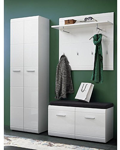 Lomadox Komplett Garderoben Set ● 3-teilige Flurgarderobe Flurmöbel in Hochglanz weiß ● Bank inkl. Polster, Paneel, Kleiderschrank ● Made in Germany