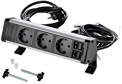 Kopp VersaDESK 939628014 - Regleta de 2 Conectores RJ-45/11 Cat 6 UTP, Cable de conexión y 2 m de Cable de Datos, IP20, 3400 W, 250 V, Negro/Aluminio anodizado, 3 Tomas + 2 RJ45