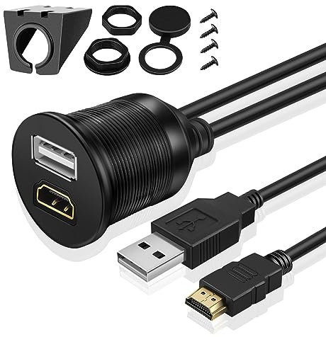 TNP USB HDMI Flush Mount Cable - Dashboard Panel Dash Mount USB + HDMI Port Socket Jack Plug Water Resistant Connector Extension Wire Cord for Car Truck Trailer Boat Motorcycle & More (1M / 3FT)