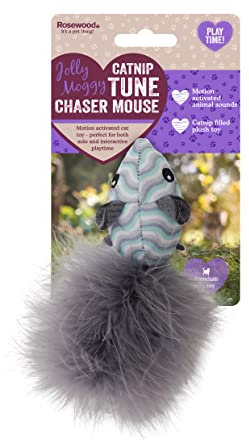 Rosewood Jolly Moggy Catnip Tune Chaser Mouse - Interactive Cat Toy with Motion-Activated Sounds and Catnip for Engaging Play and Fun