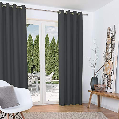Beautissu 2er Set Thermovorhang Gardine 140x245 cm Anthrazit – Ösen Thermogardine Set – Ösenvorhang isolierend Kälte- & Hitzeschutz – Vorhang verdunkelnd Wohnzimmer, Schlafzimmer – Amelie to