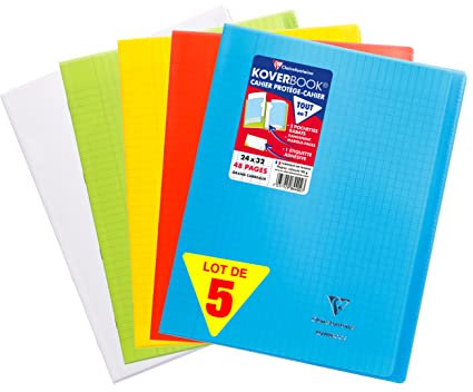 Clairefontaine 984450AMZC Lot de 5 Cahiers Agrafés Koverbook - 24x32 cm - 48 Pages Grands Carreaux - Papier Blanc 90 g - Couverture Polypro (Bleu, Vert, Rouge, Jaune, Incolore)