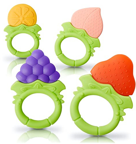 iFancy Beißringe Freche Früchtchen für Baby & Kleinkind aus hygienischem Silikon | Zahnungshilfe sicher & BPA-frei | buntes Kau-Spielzeug | Schmerzlinderung beim Zahnen | 4 Stück
