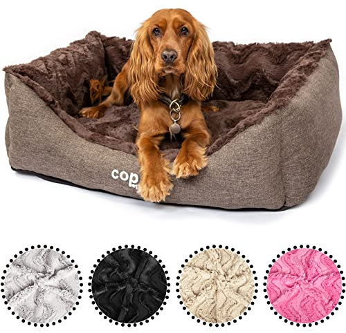 CopcoPet Hundebett Pia Braun 100 x 80 cm – Kuscheliges Körbchen mit Plüsch & Canvas – Waschbar, rutschfest & pflegeleicht – Mit erhöhtem Rand – Für mittelgroße Hunde