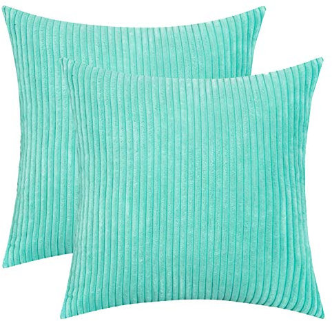 HWY 50 Cord Kissenbezüge 45x45 cm 2er Set türkis gestreift texturiert, gemütliche dekorative hochwertige Sofakissenbezüge für Sofa Couch Wohnzimmer Bett