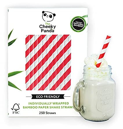 The Cheeky Panda Bamboo Paper Bubble Tea Straws | 250 Red Striped Wide Drinking Straws | For Boba Tea, Milkshakes and Smoothies