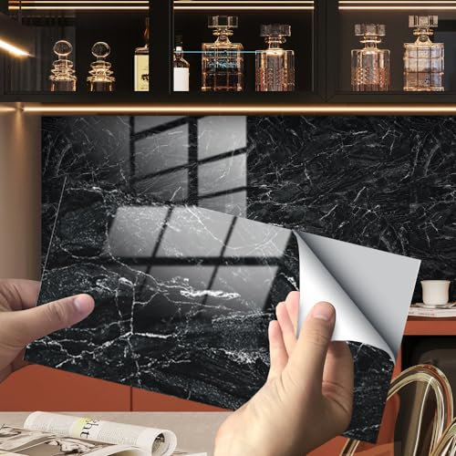 HORIWE Marble Tile Stickers for Bathroom Kitchen Backsplash Waterproof Oil Proof DIY Self Adhesive New PVC Wall Stickers Home Decor 12x6 Inches 16pc (Black Marble Pattern, 30x15cm(12x6) - 16PCS)
