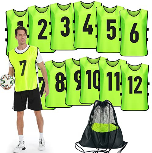 PULUOMASI Scrimmage Trainingsweste (12 Stück) Team Sports Pinnies Trikots für Erwachsene Jugendliche Fußball-Lätzchen nummerierte Übungs-Trikots, Grün , X-Large