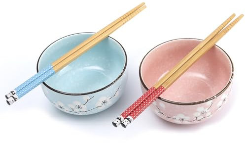 lachineuse - Coffret 2 Bols Japonais Fleurs de Cerisier Rose & Bleu ⌀ 11cm - Bols à Riz, Petit Déjeuner & Soupe - 2 Paires de Baguettes - Bol Asiatique Japon Asie - Cadeau Vaisselle Japonaise