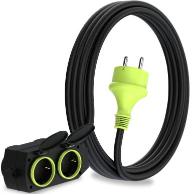 MutecPower 3m Cable alargador de Corriente con 4 enchufes Schuko para Uso Exterior IP44 H05RR-F3G 1,5mm² alargo con 4 Tomas Protección Infantil Cable de Goma para Exterior 3 Metros Negro/Verde