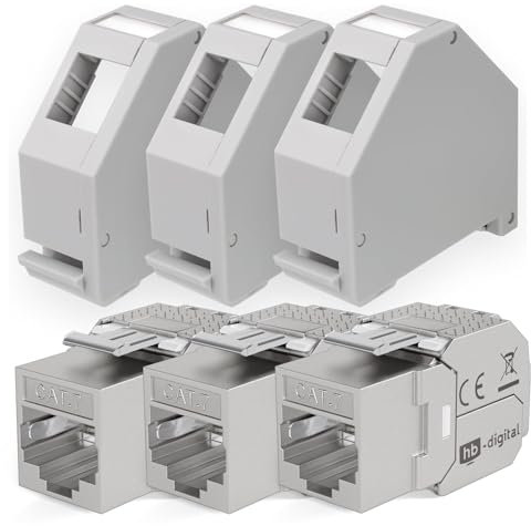 hb-digital Kit : 3 modules Keystone Cat.7 RJ45 + 3 adaptateurs de rail DIN Support Keystone pour rail DIN standard 35 mm | RJ45 blindé sans outil Montage Ethernet LAN Réseau STP LSA