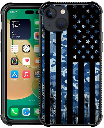 Yesad Compatible with iPhone 13 Mini Case,Blue Camo American Flag Soft TPU Bumper Shockproof Tempered Glass Back Cover Case for iPhone 13 Mini