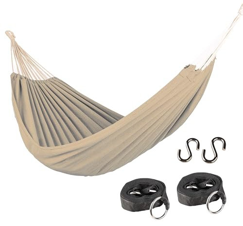 Kronenburg Hängematte 210 x 150 cm, Gesamtlänge 320 cm – Doppelhängematte mit Befestigungs-Set (Aufhängeset) - Belastbarkeit bis 300 kg – Indoor & Outdoor Hängematte Beige - Farb- und Modellwahl
