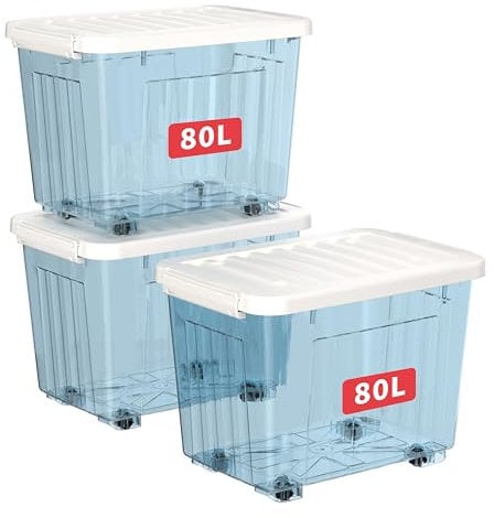 Cetomo 80L*3 Cajas de Almacenamiento con Tapas, Contenedores de Plástico con Ruedas, Clip On, Apilables, Encajables, Organizador Rayado para Oficina en Casa, Azul Claro, 80L-3 Pack